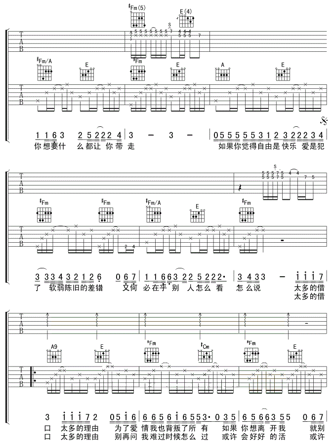 陈冠蒲《太多》A调吉他谱