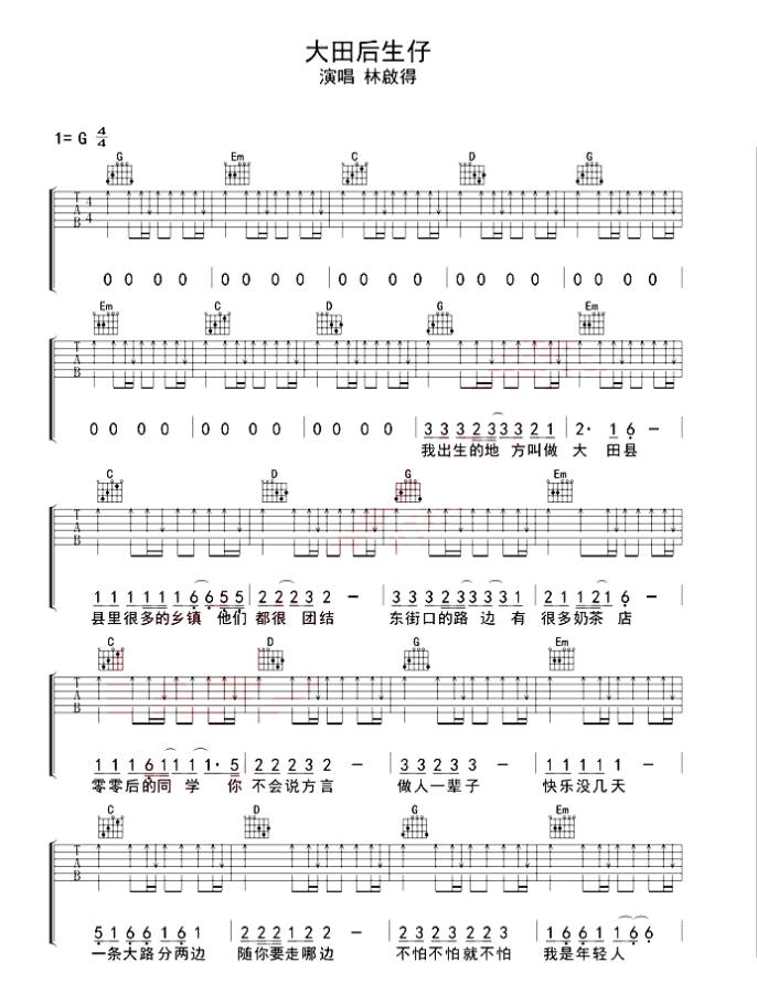 苏小麦《大田后生仔》吉他谱