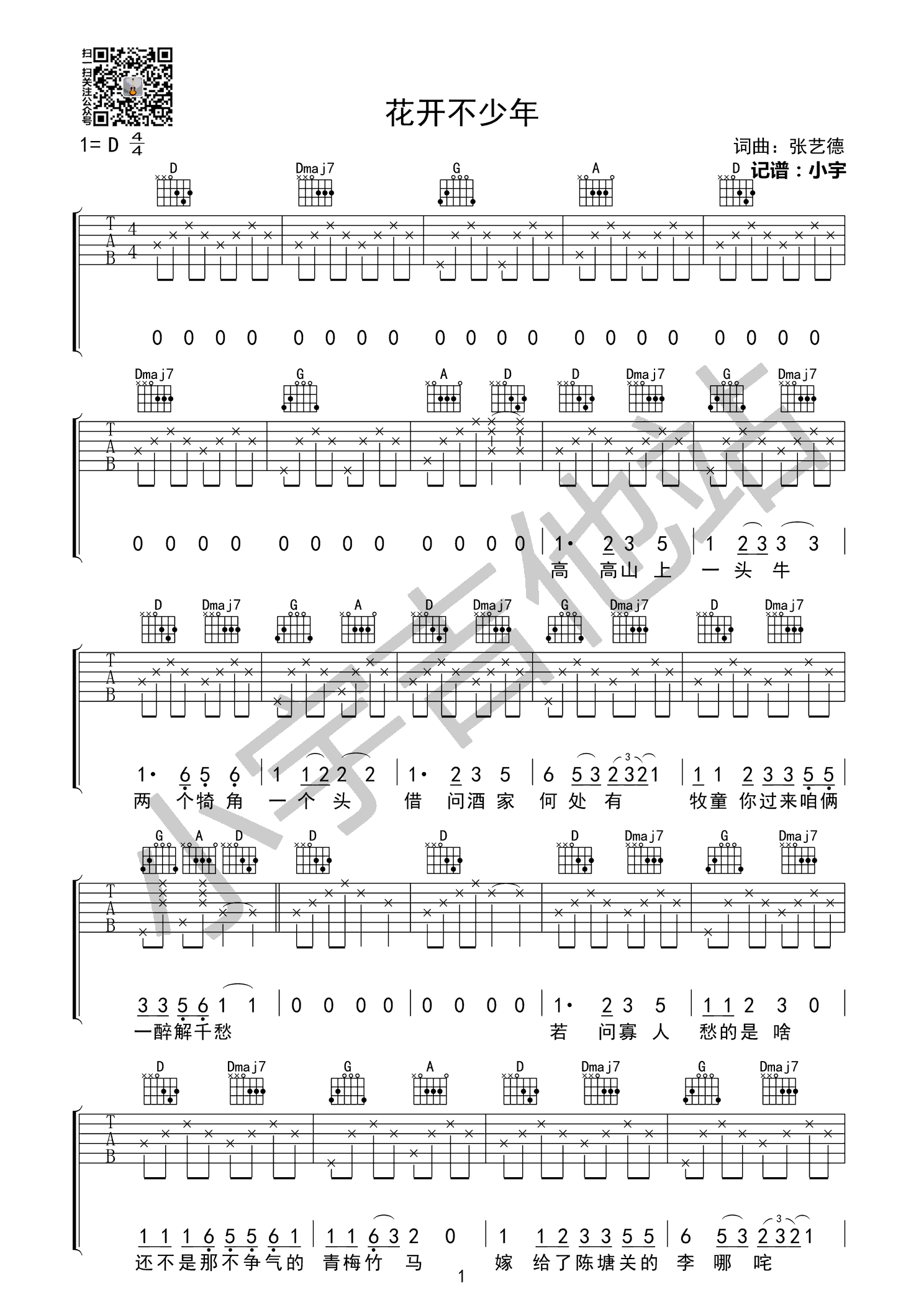 张艺德《花开不少年》D调吉他谱