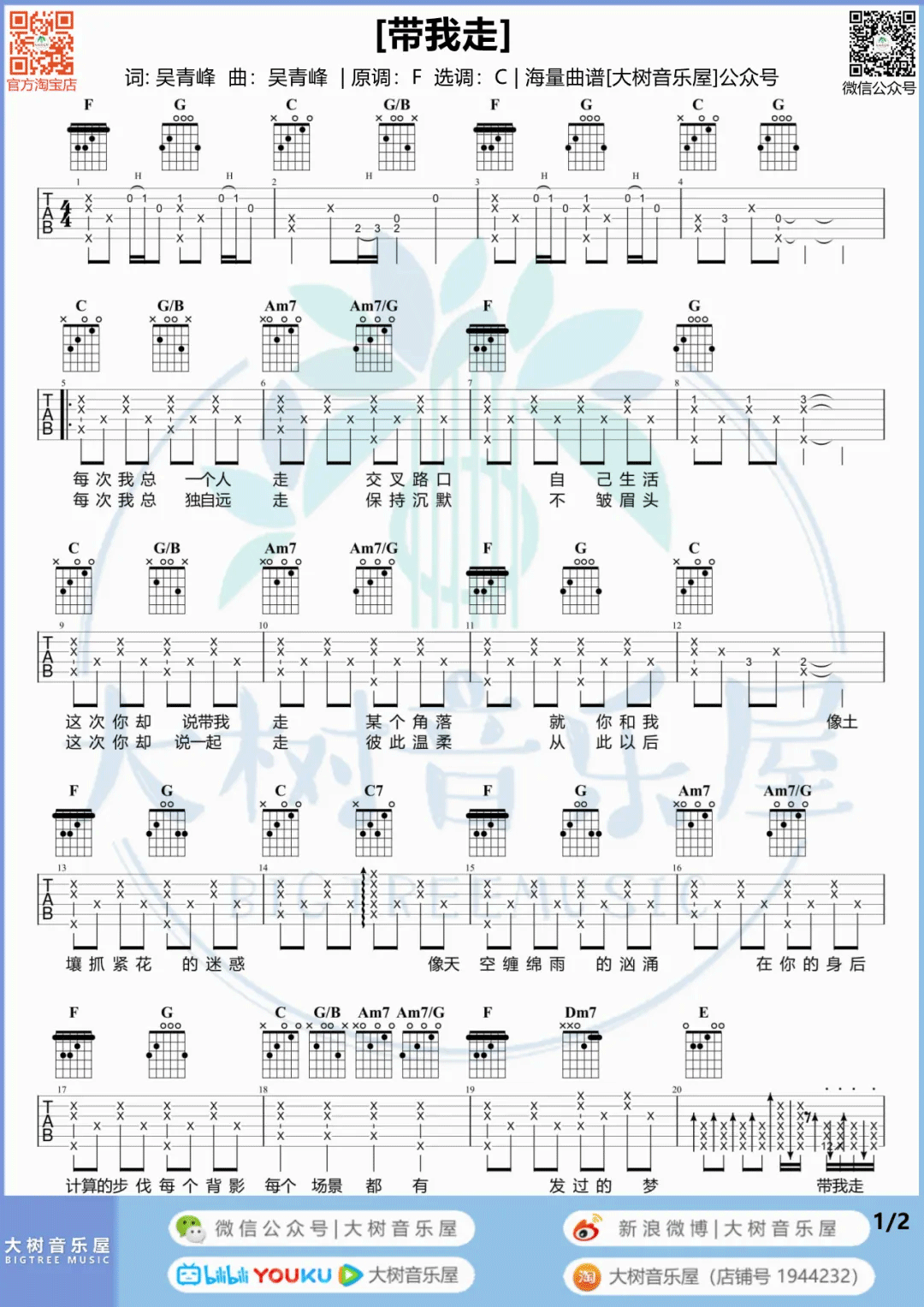 杨丞琳《带我走》C调吉他谱