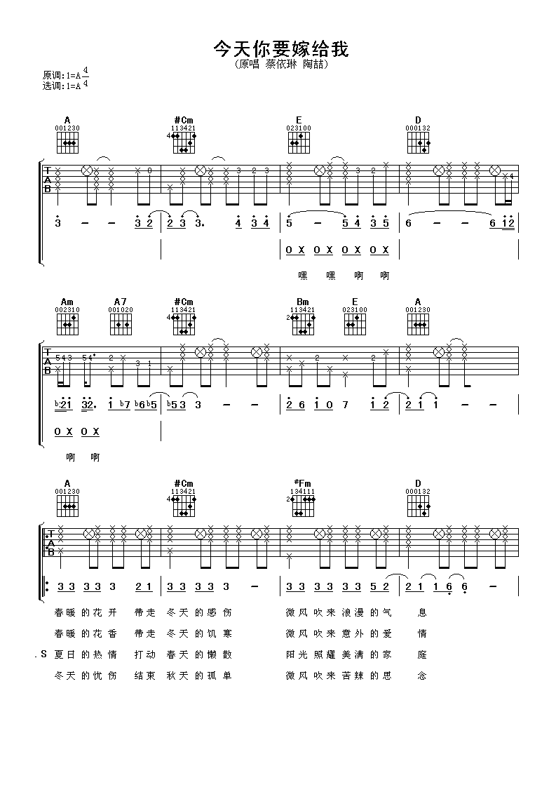 陶喆《今天你要嫁给我 蔡依林》吉他谱