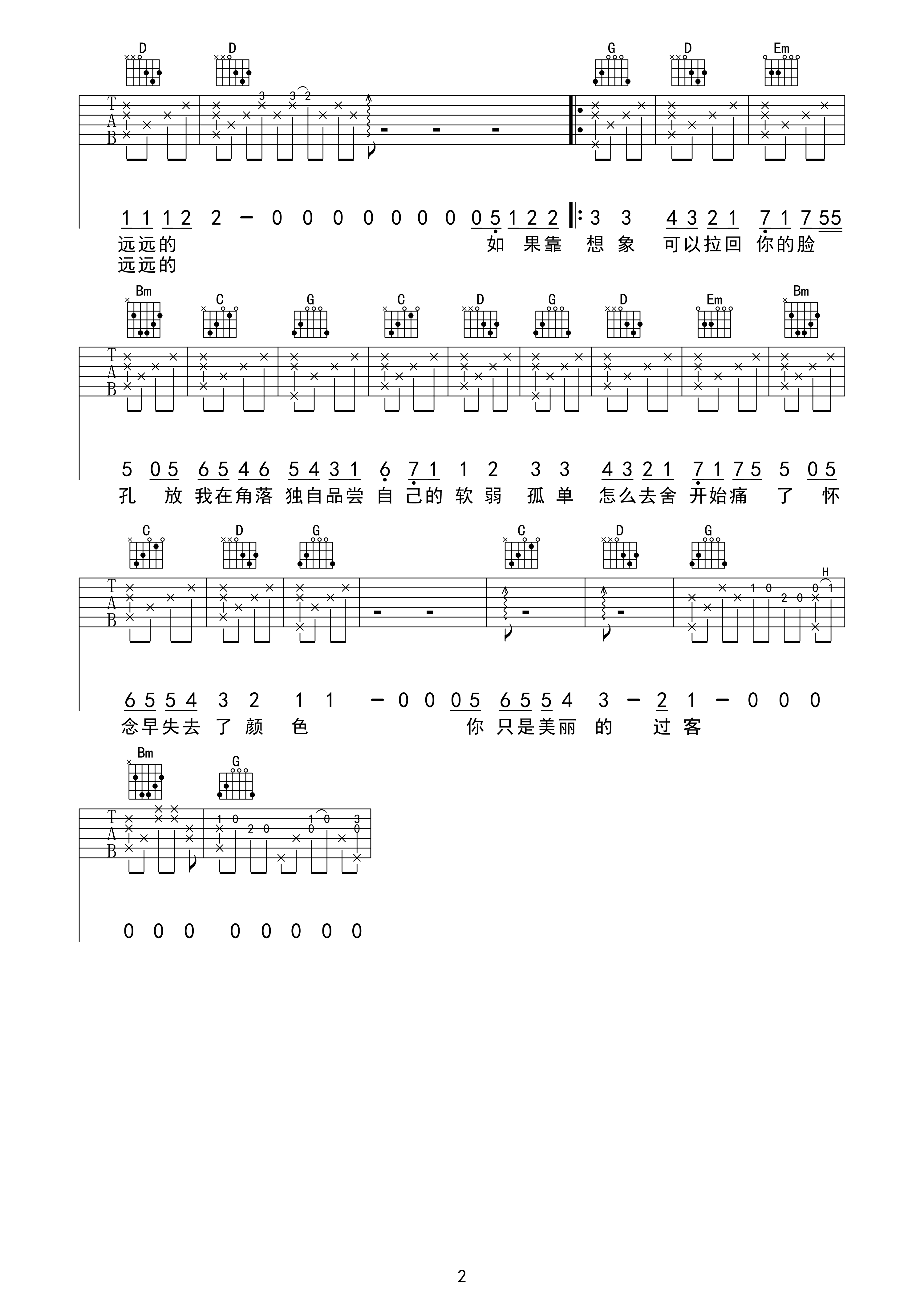 魏晨《过客》C调吉他谱