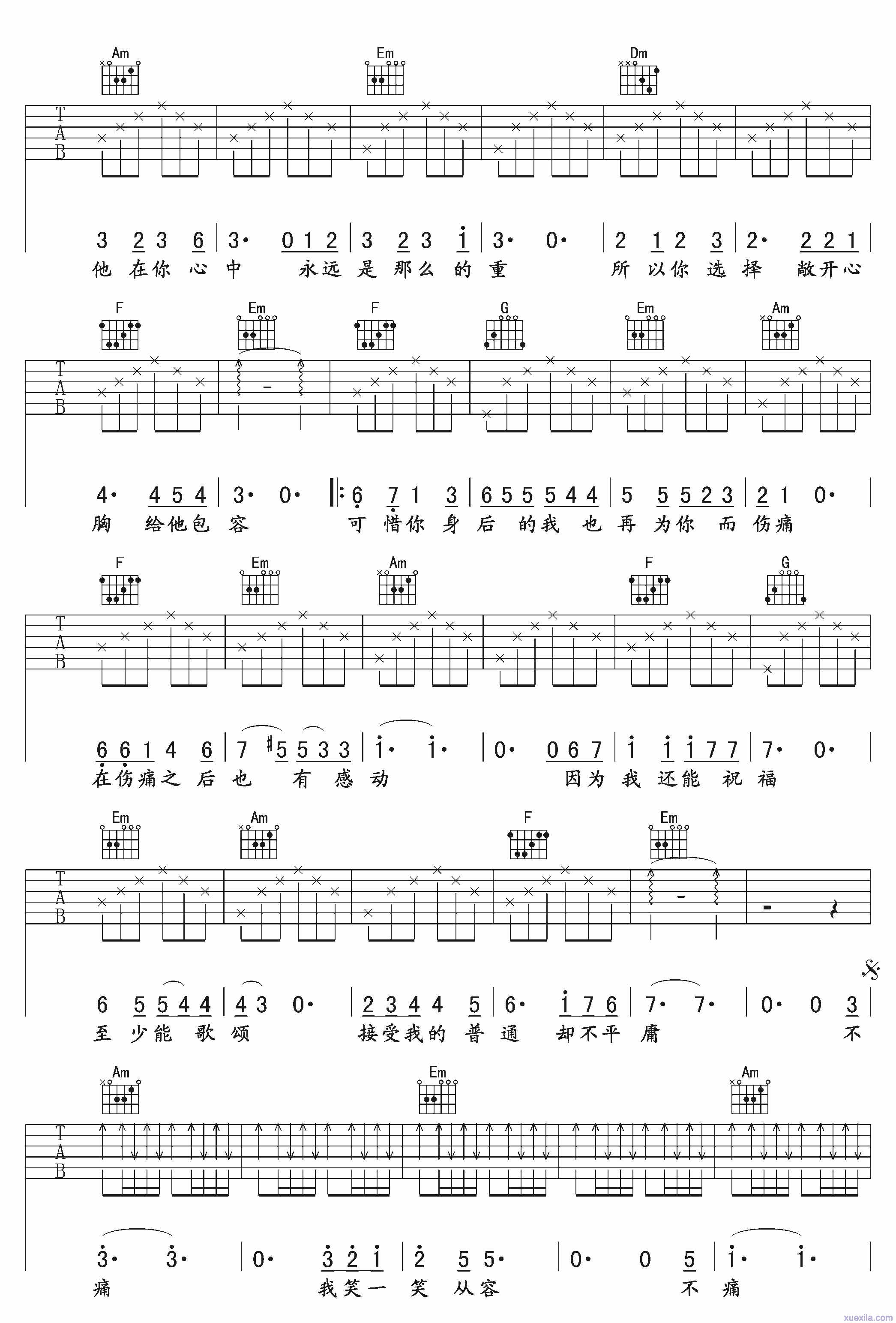 樊凡《不痛》C调吉他谱