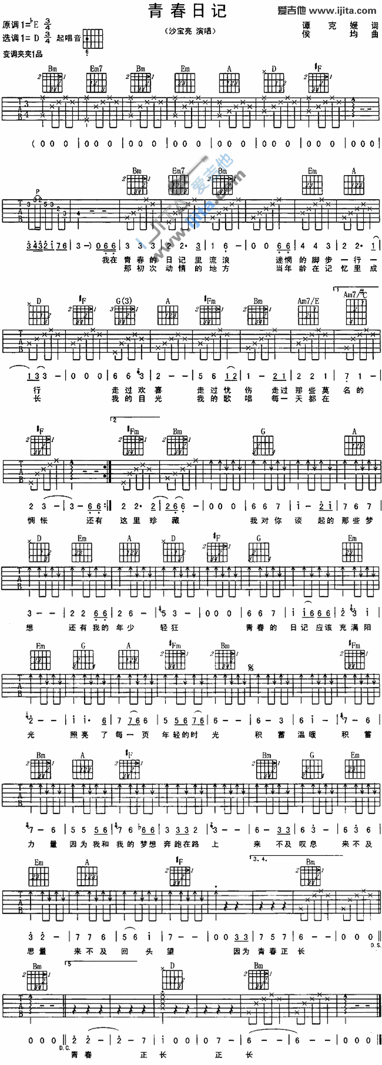 沙宝《亮青春日记》吉他谱