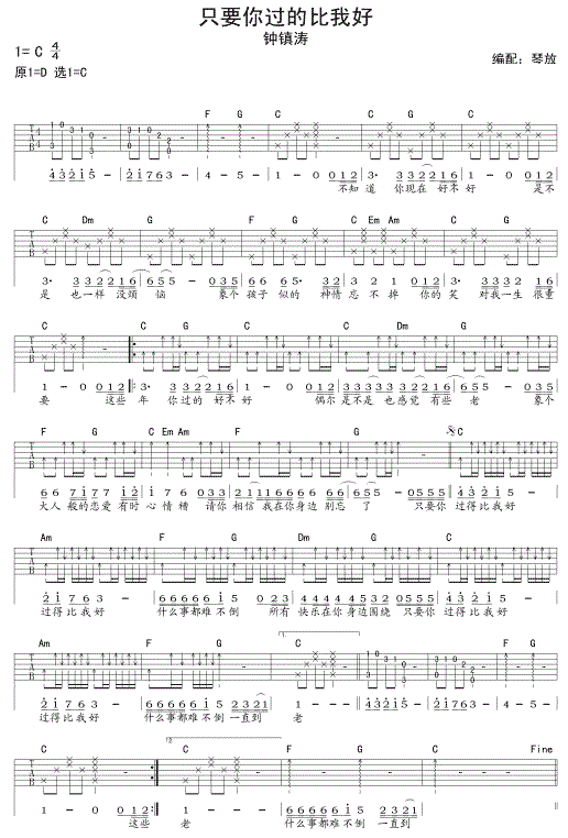 钟镇《只要你过得比我好》吉他谱