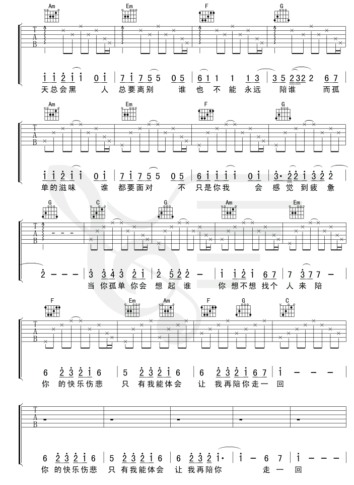 张栋《梁当你孤单你会想起谁》C调吉他谱