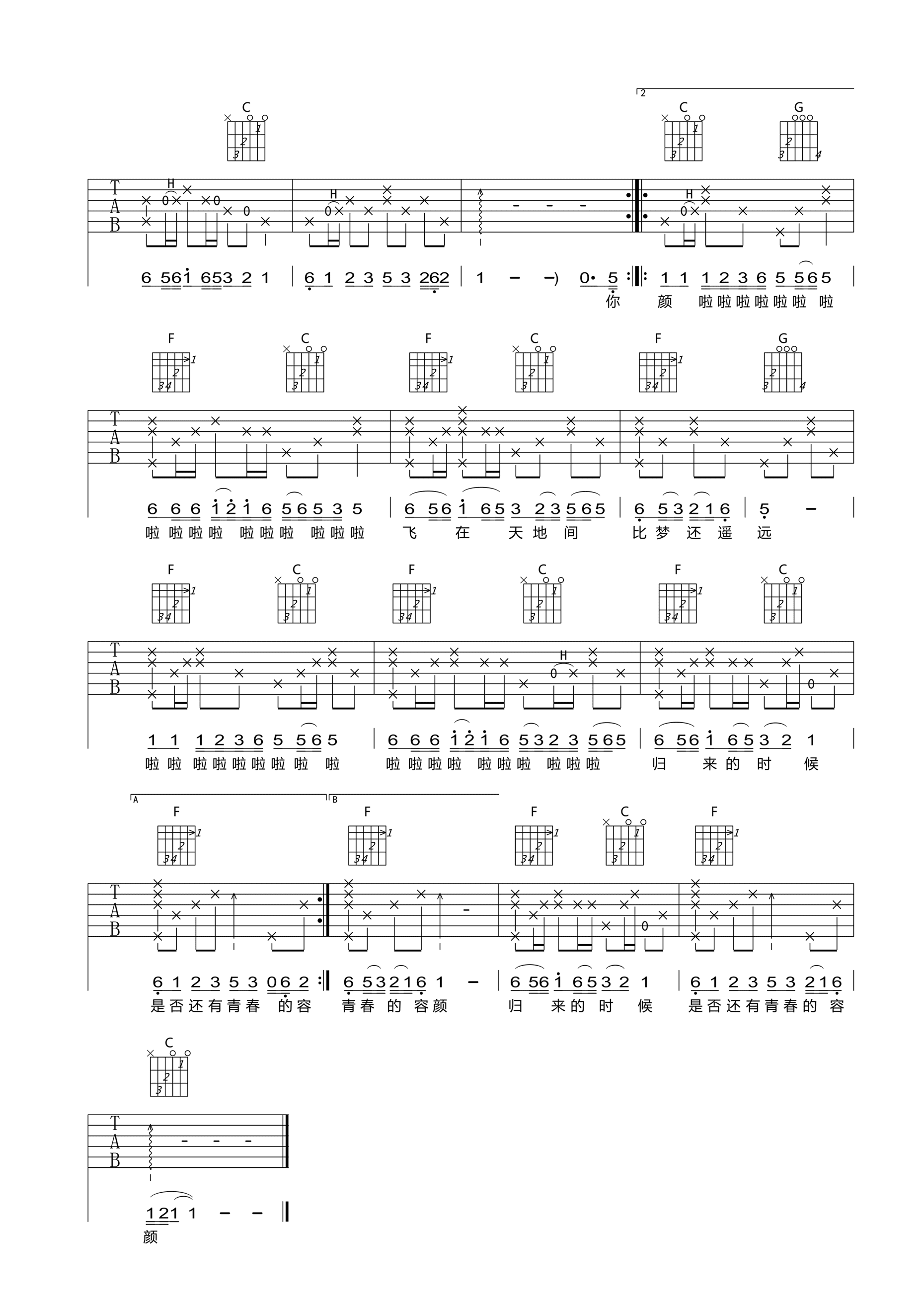 好妹妹乐队《你飞到城市另一边》C调吉他谱