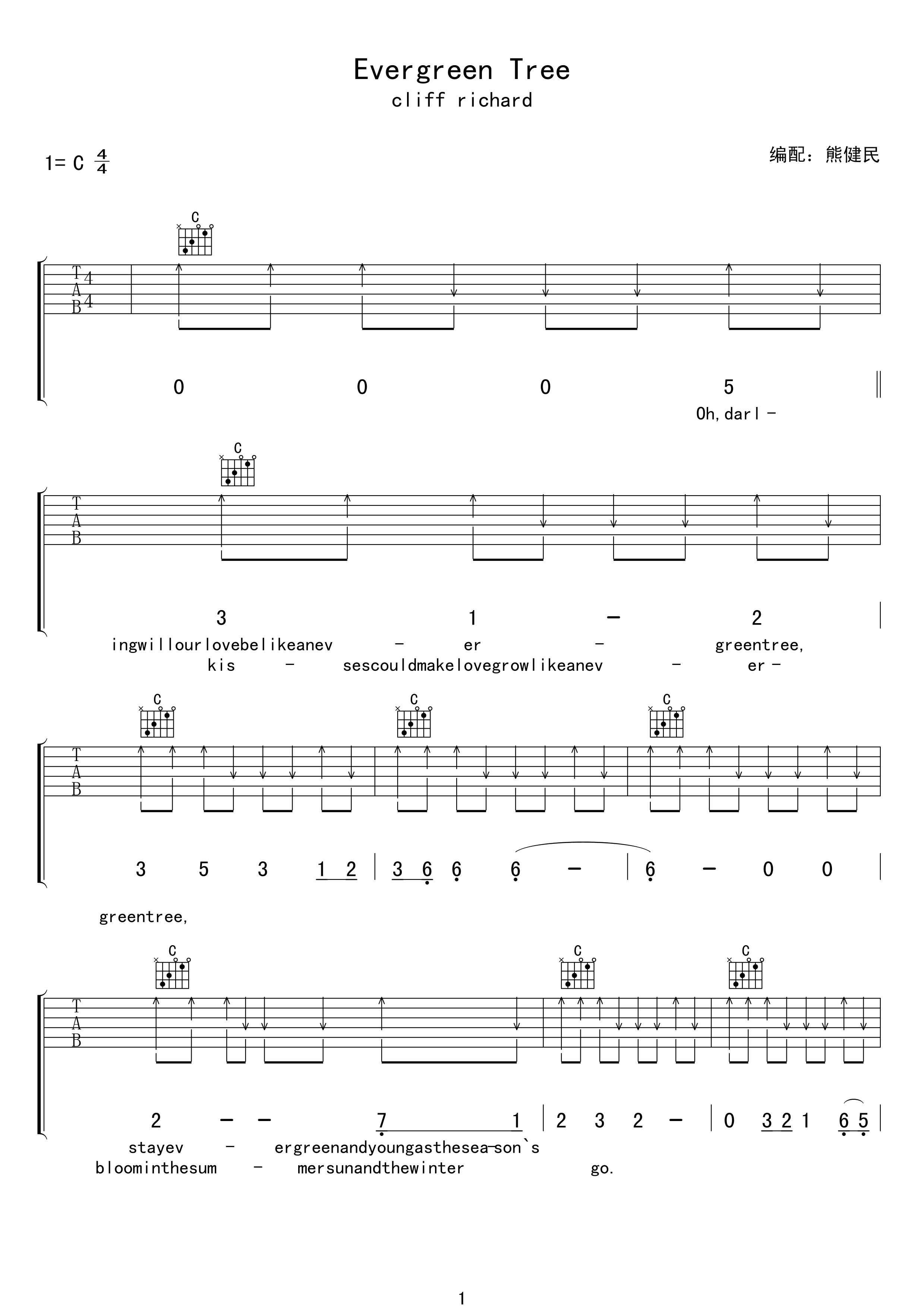 歌《Evergreen Tree cliff richard》吉他谱