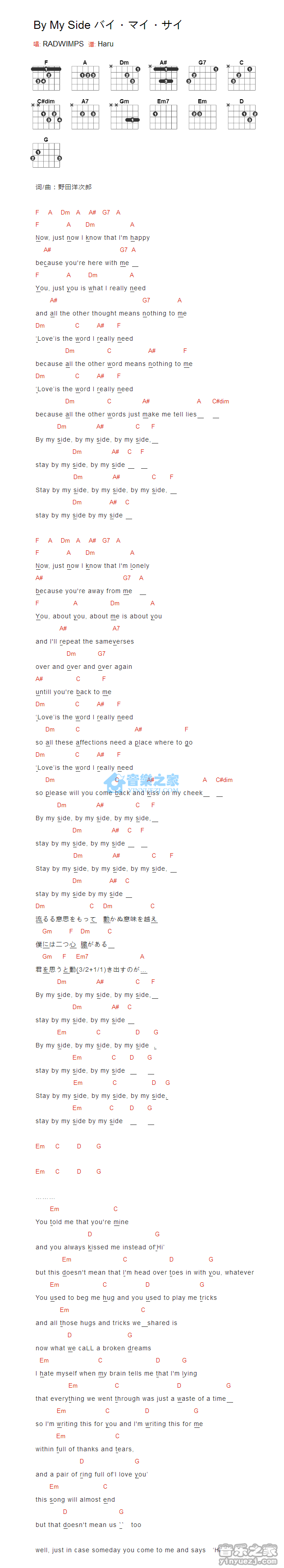 Radwimps《By My Side》F调吉他谱