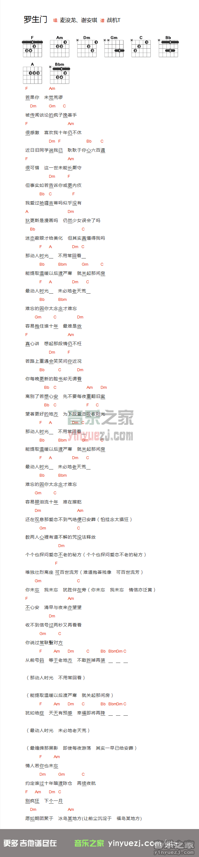 麦浚龙《罗生门》F调吉他谱