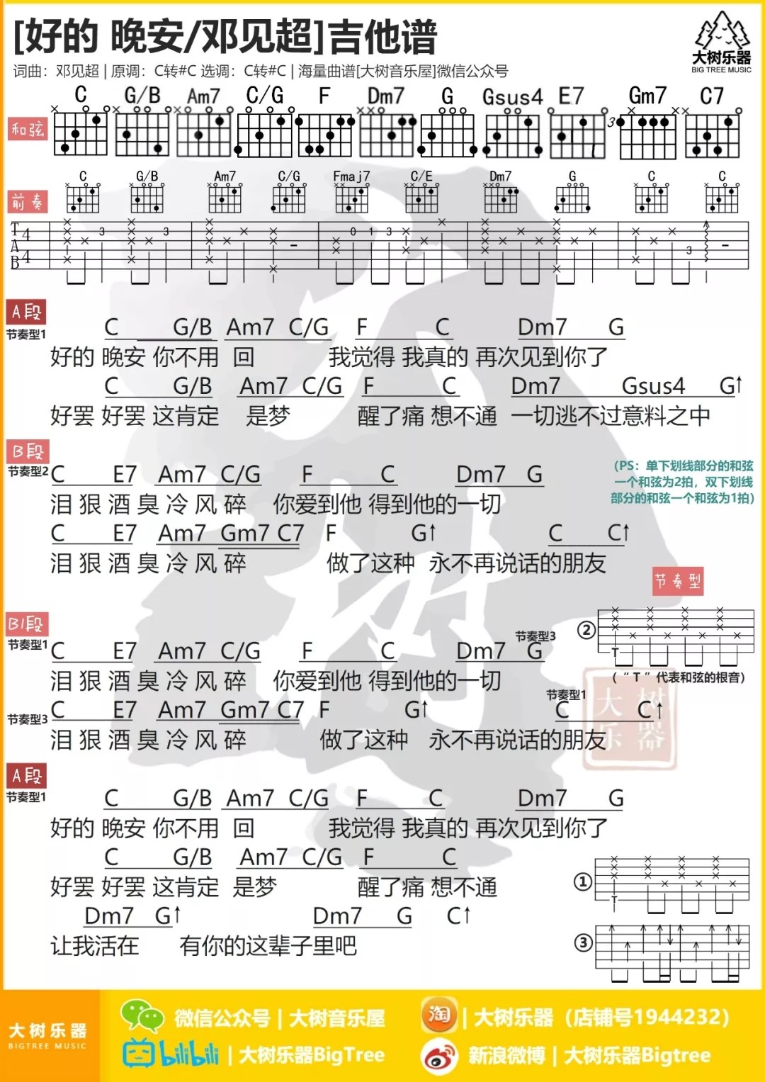 邓见超《好的 晚安》C调吉他谱