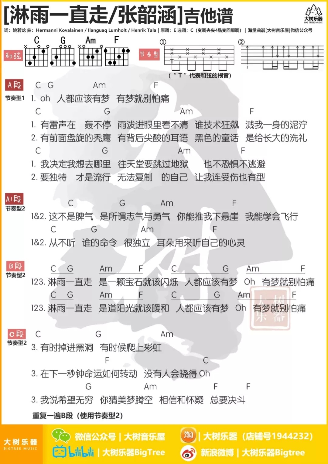 张韶涵《淋雨一直走》C调吉他谱