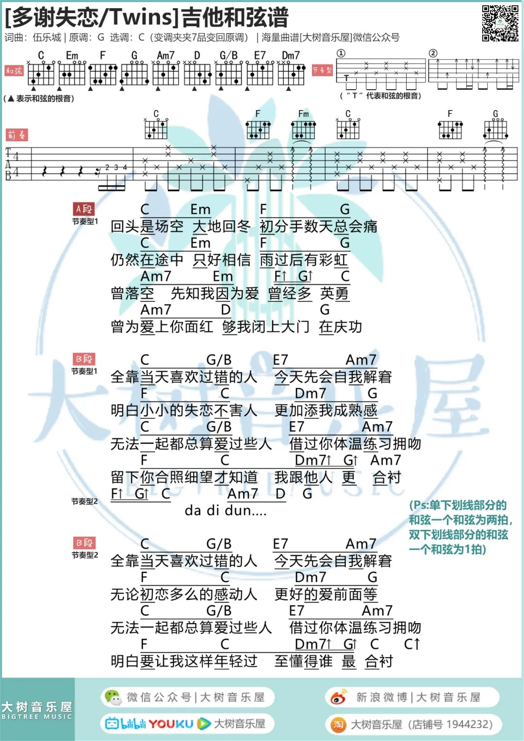Twins《多谢失恋》C调吉他谱