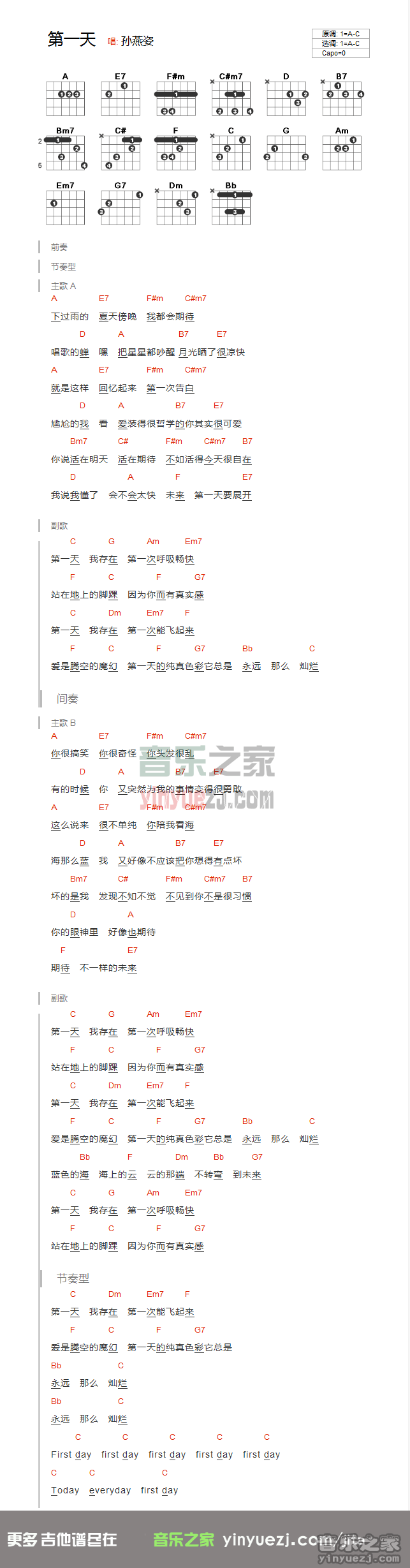 孙燕姿《第一天》C调吉他谱
