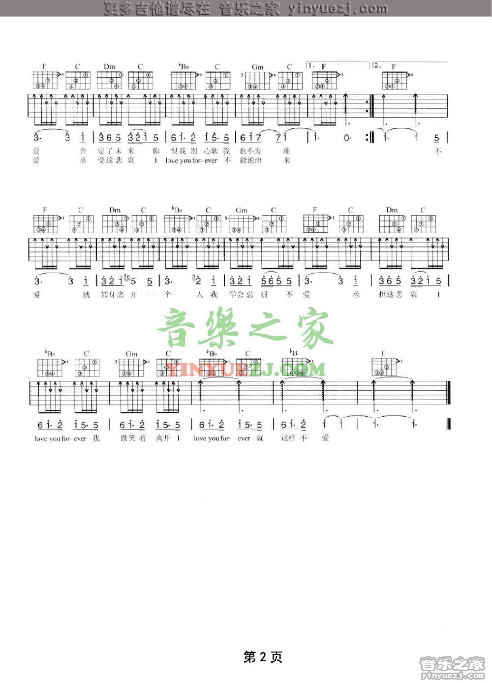 陶喆《不爱》F调吉他谱