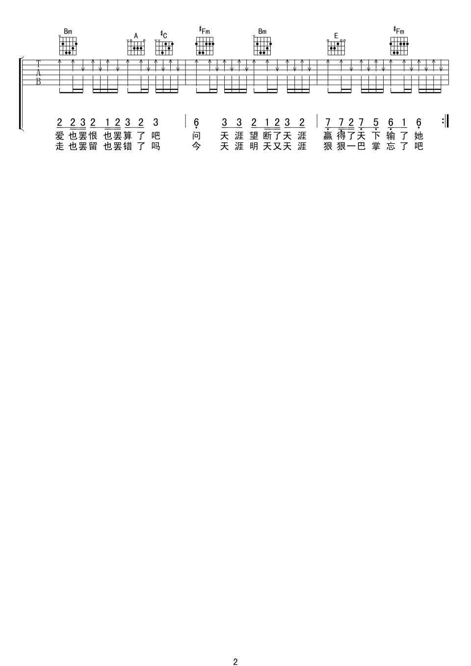 任贤齐《天崖》A调吉他谱