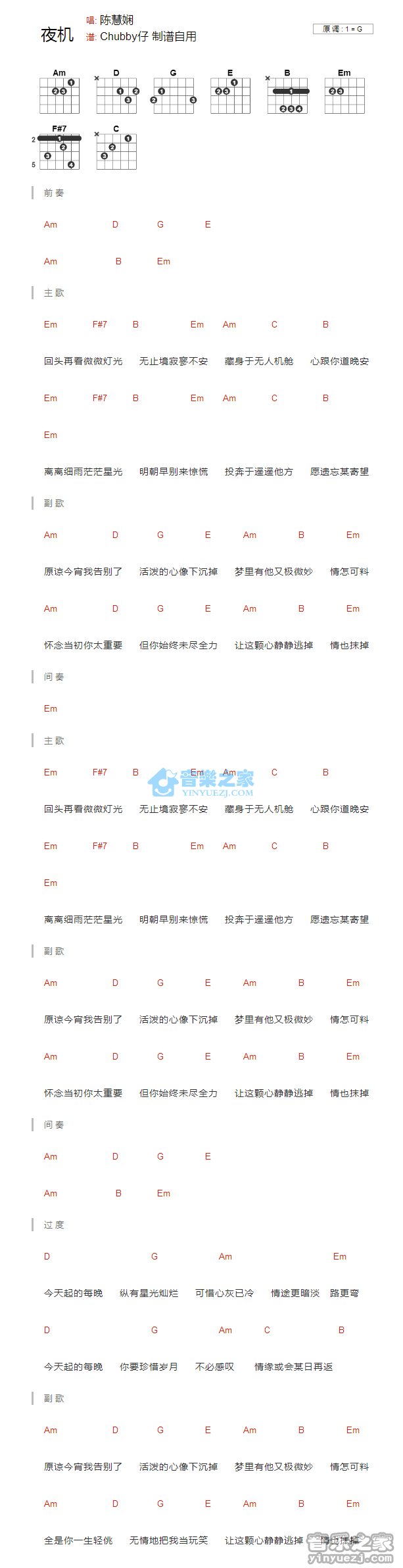 陈慧娴《夜机》G调吉他谱
