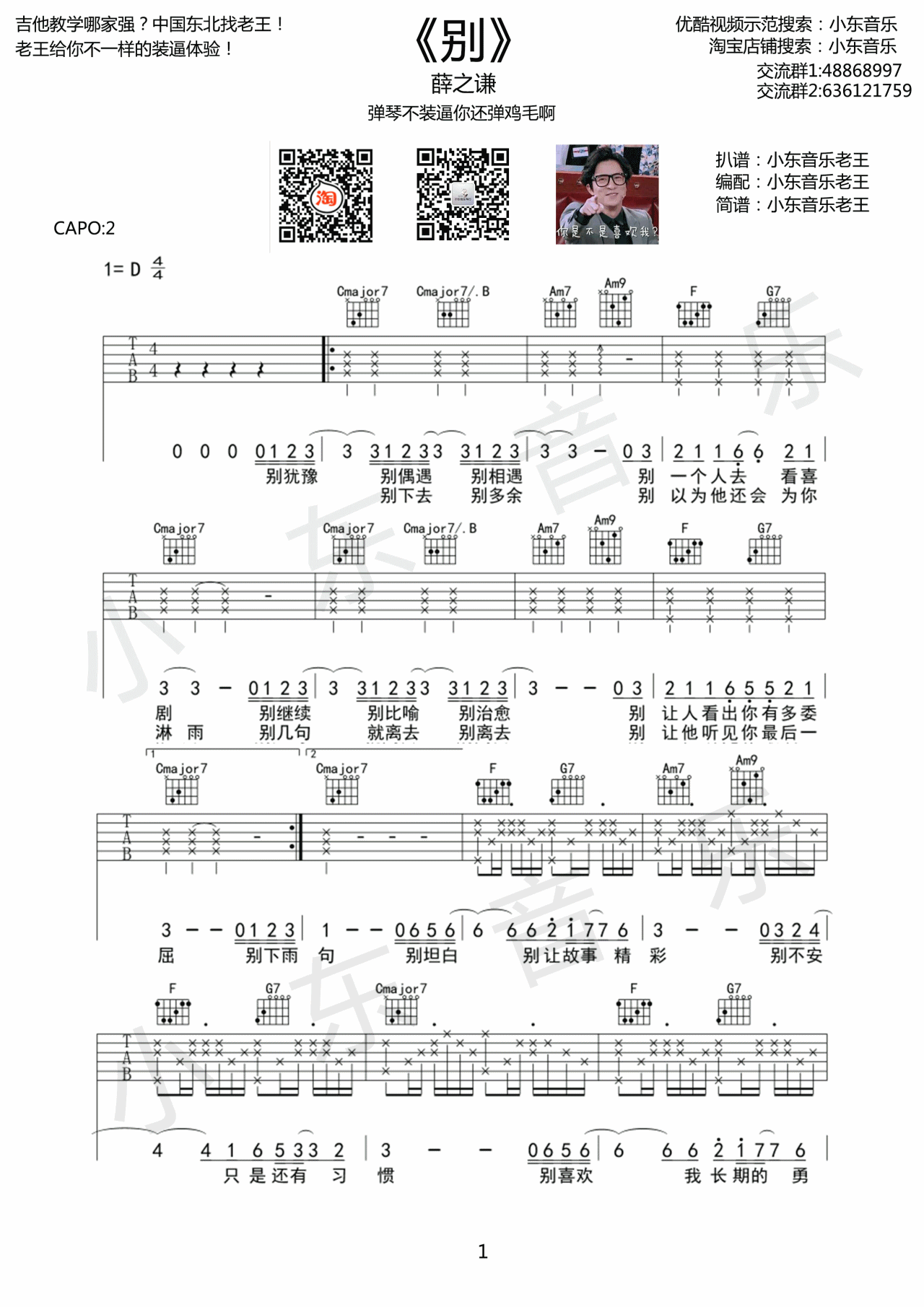 薛之谦《别》D调吉他谱