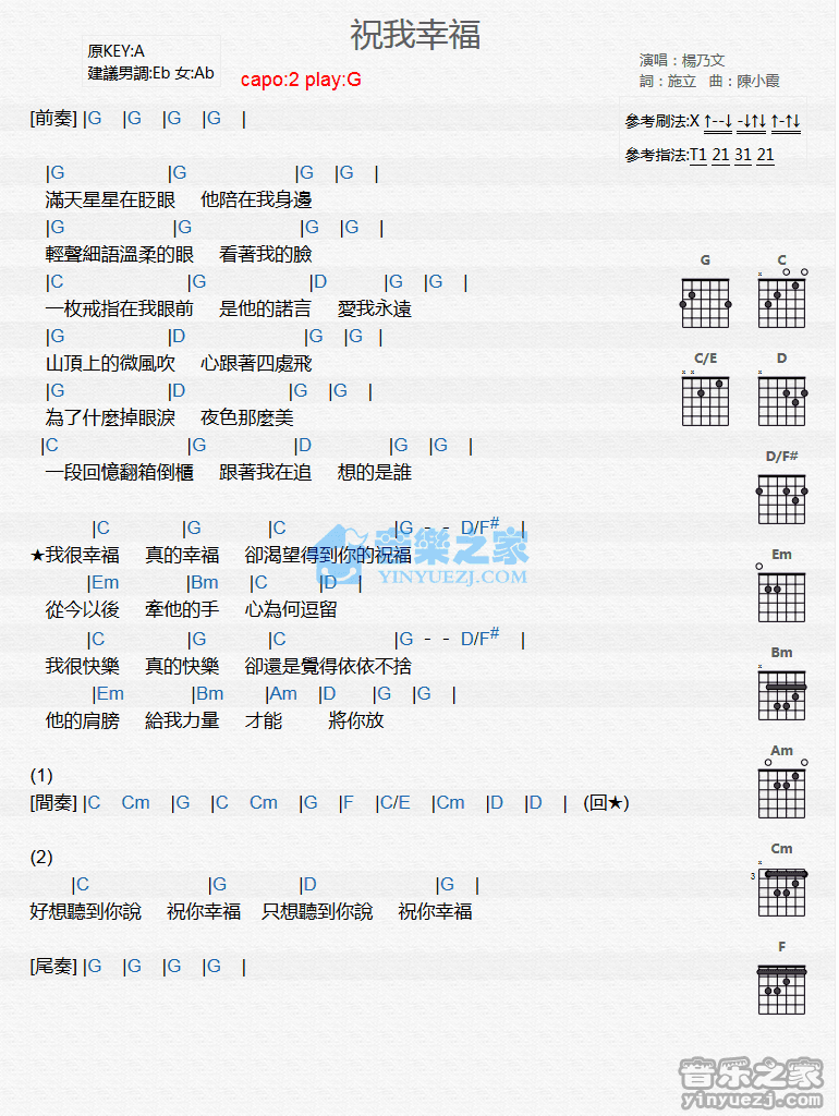 杨乃文《祝我幸福》G调吉他谱