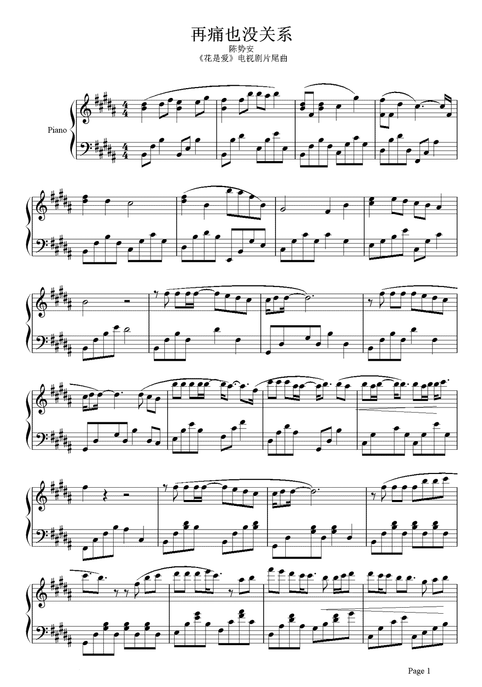 群星《再痛也没关系》钢琴谱五线谱
