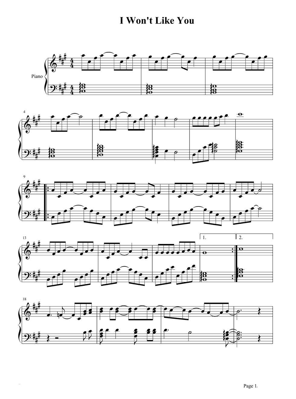陈柏霖《我不会喜欢你》钢琴谱五线谱