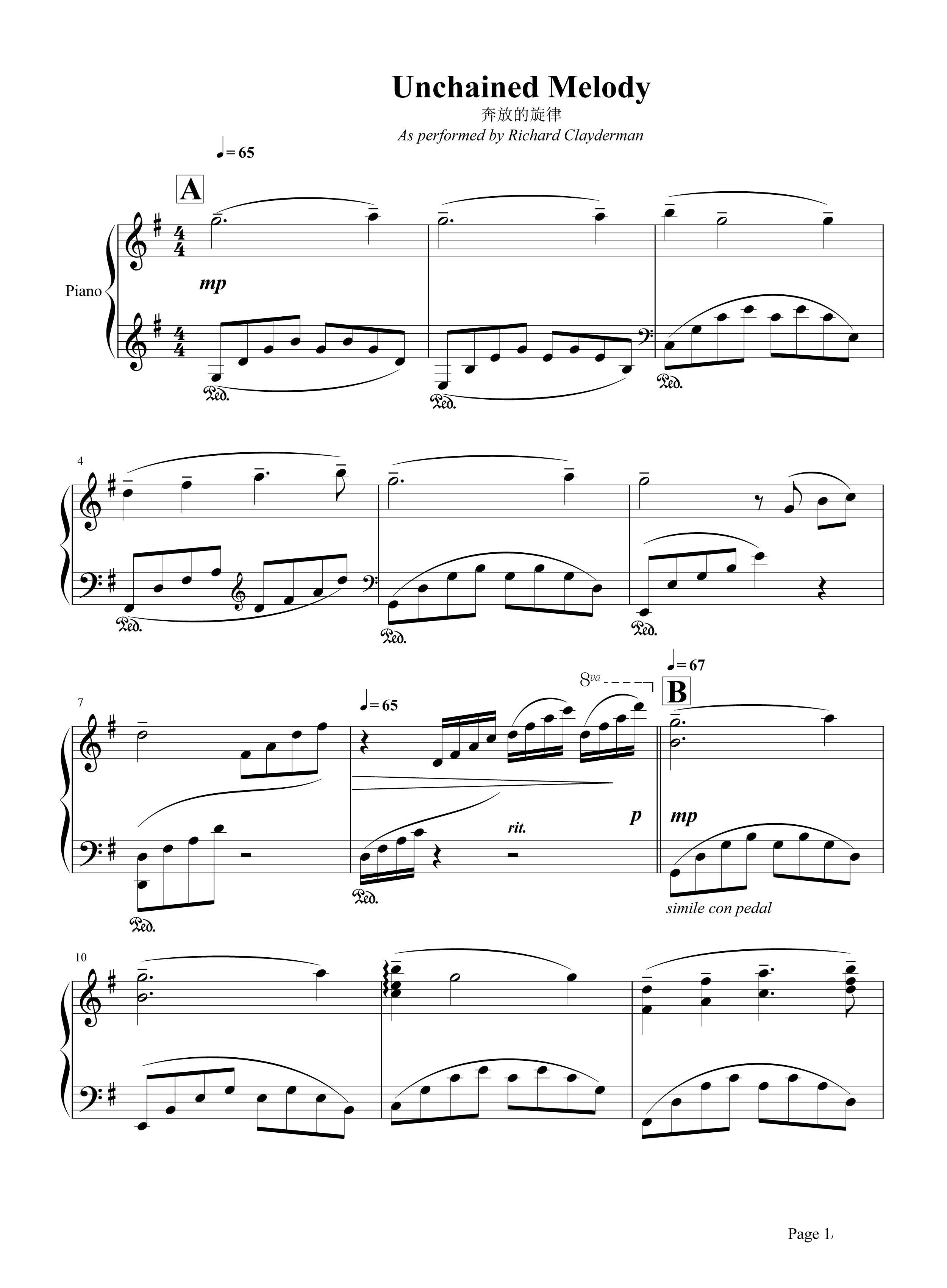 Unchained Melody《Unchained Melody》钢琴谱五线谱