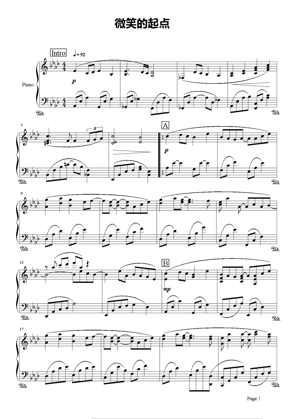张韶涵范玮琪郭静《微笑的起点》钢琴谱五线谱