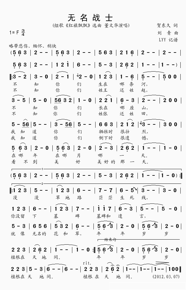 《无名战士》 简谱
