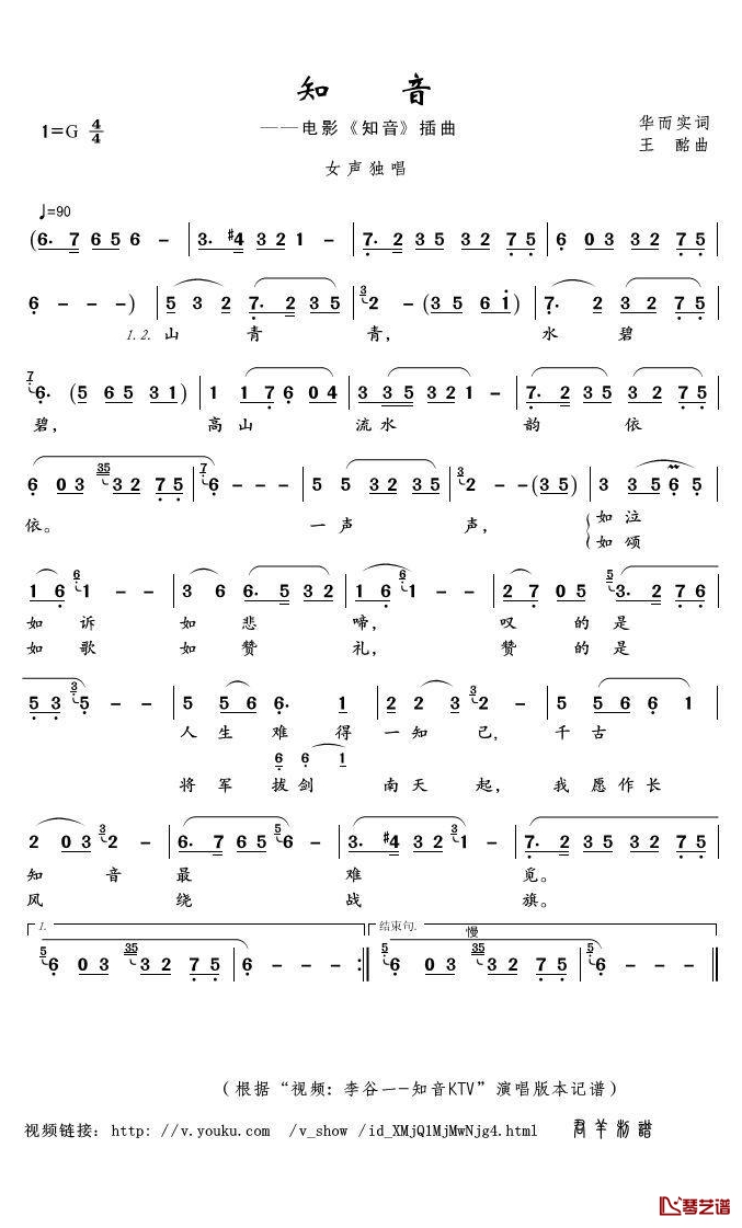 《知音》 简谱