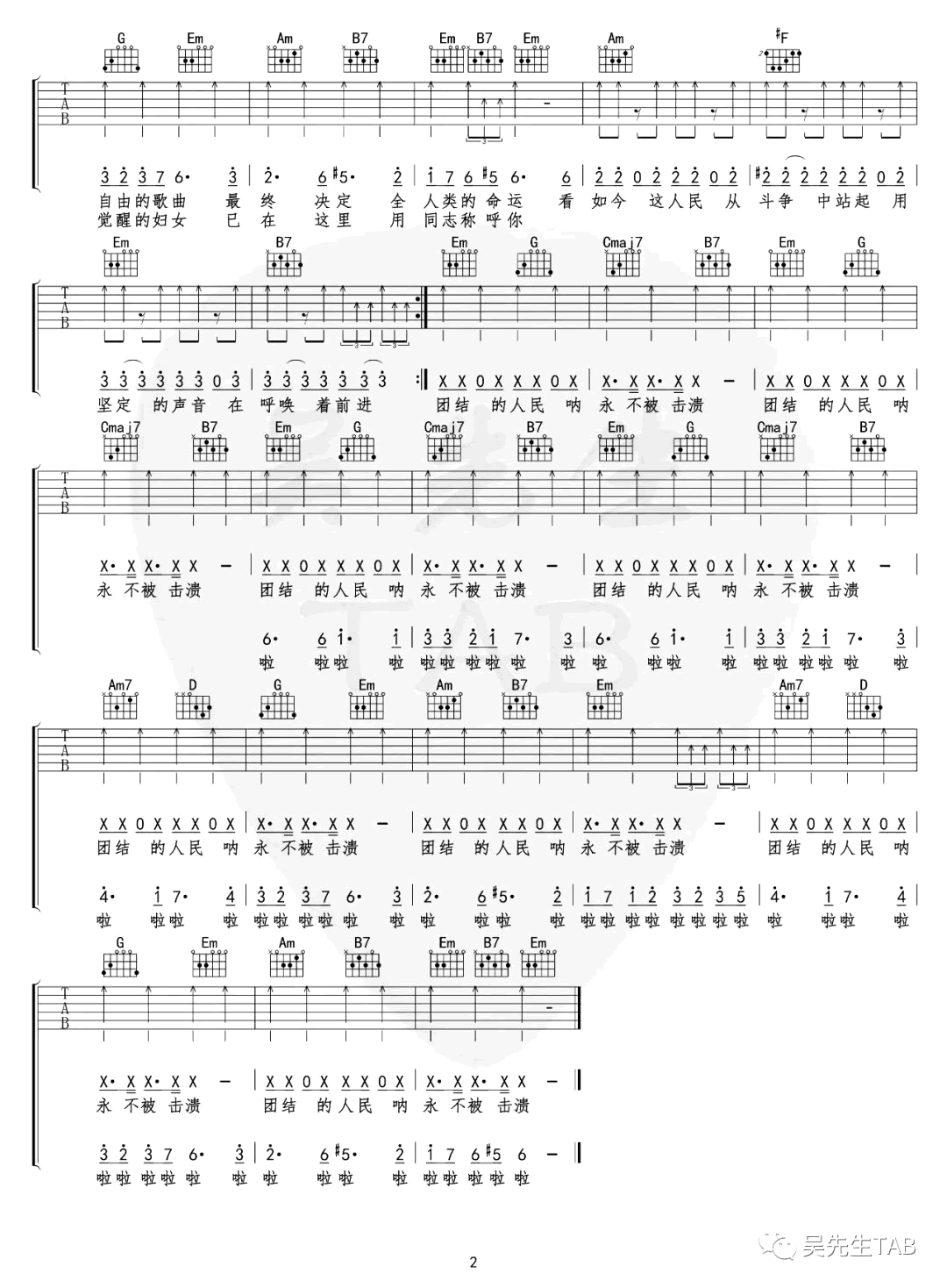 民歌名曲《团结的人民永不被击溃》吉他谱