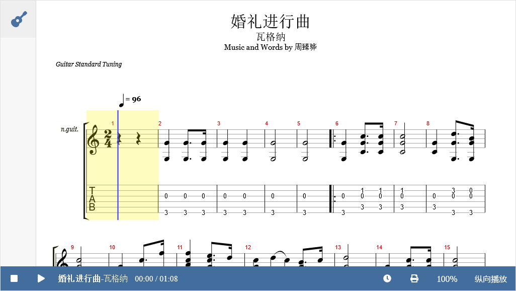 瓦格纳《婚礼进行曲(简单版)》GTP独奏吉他谱下载 在线预览试听