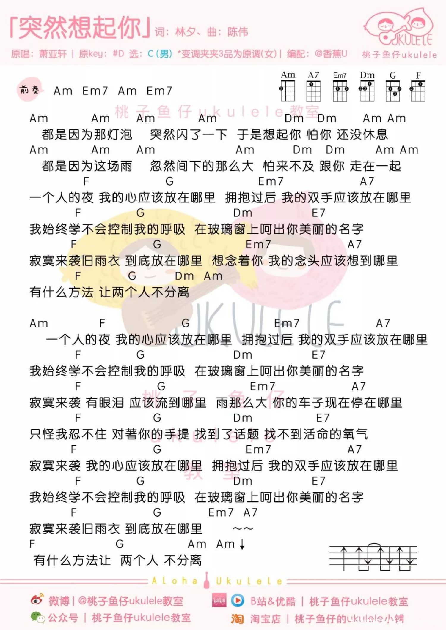 王北车《突然想起你》尤克里里谱