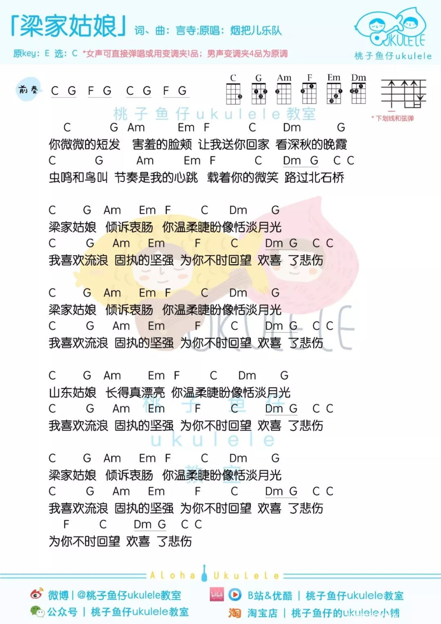 烟把儿乐队《梁家姑娘》尤克里里谱