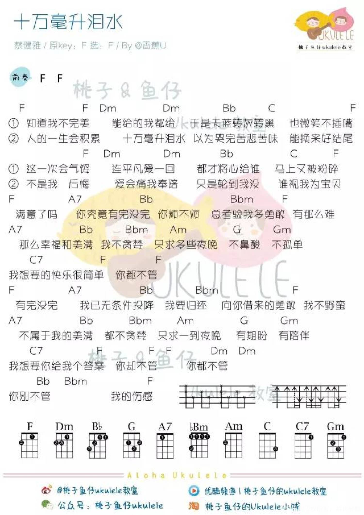 蔡健雅《十万毫升泪水》F调尤克里里谱